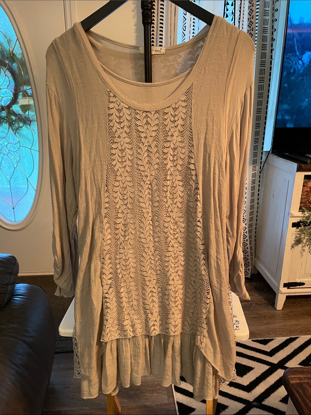 Indigo Soul Beige Crochet-Front Multi Length Long Sleeve Tunic (0060)